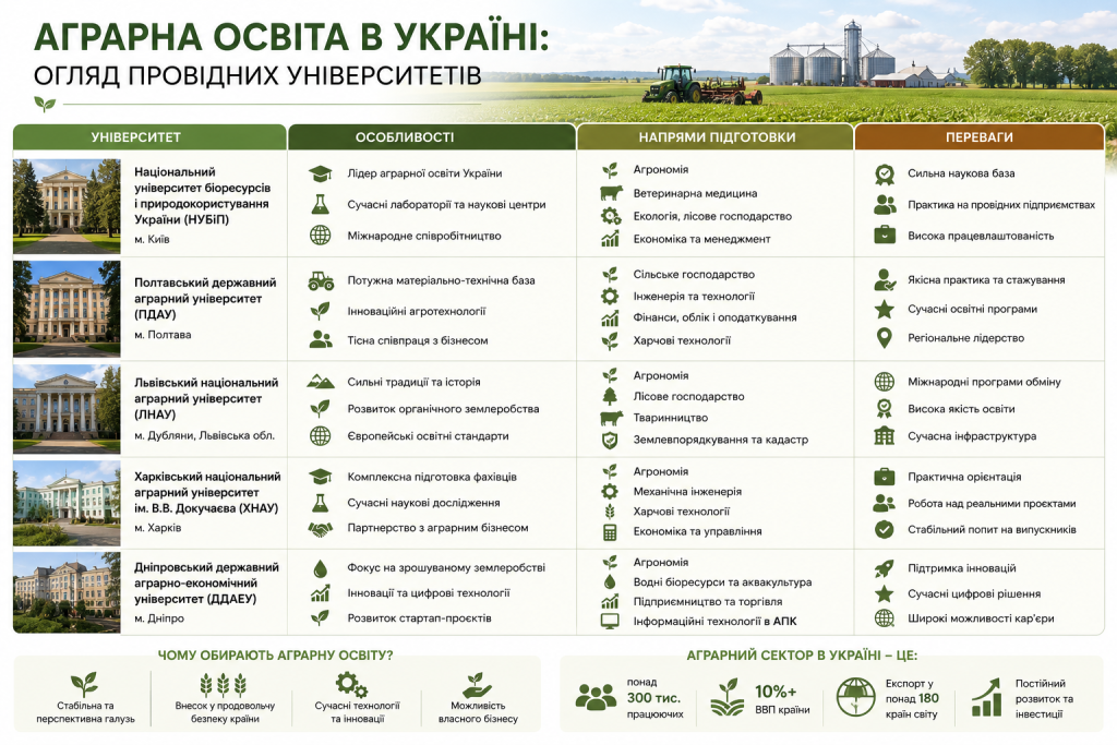 Інфографіка з оглядом провідних аграрних університетів України, напрямів підготовки, особливостей і переваг навчання