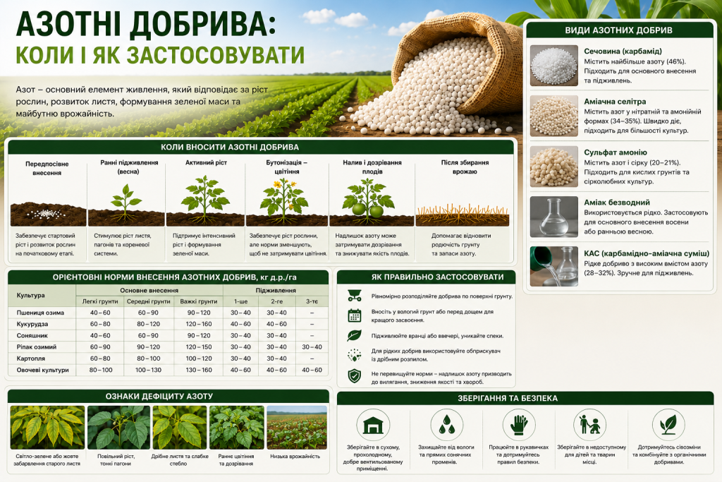 Інфографіка про види азотних добрив, строки й норми внесення, ознаки дефіциту азоту та правила безпечного використання