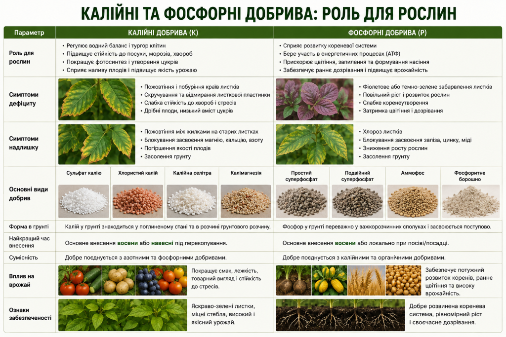 Інфографіка про роль калійних і фосфорних добрив, ознаки дефіциту та надлишку, види добрив і їх вплив на врожай