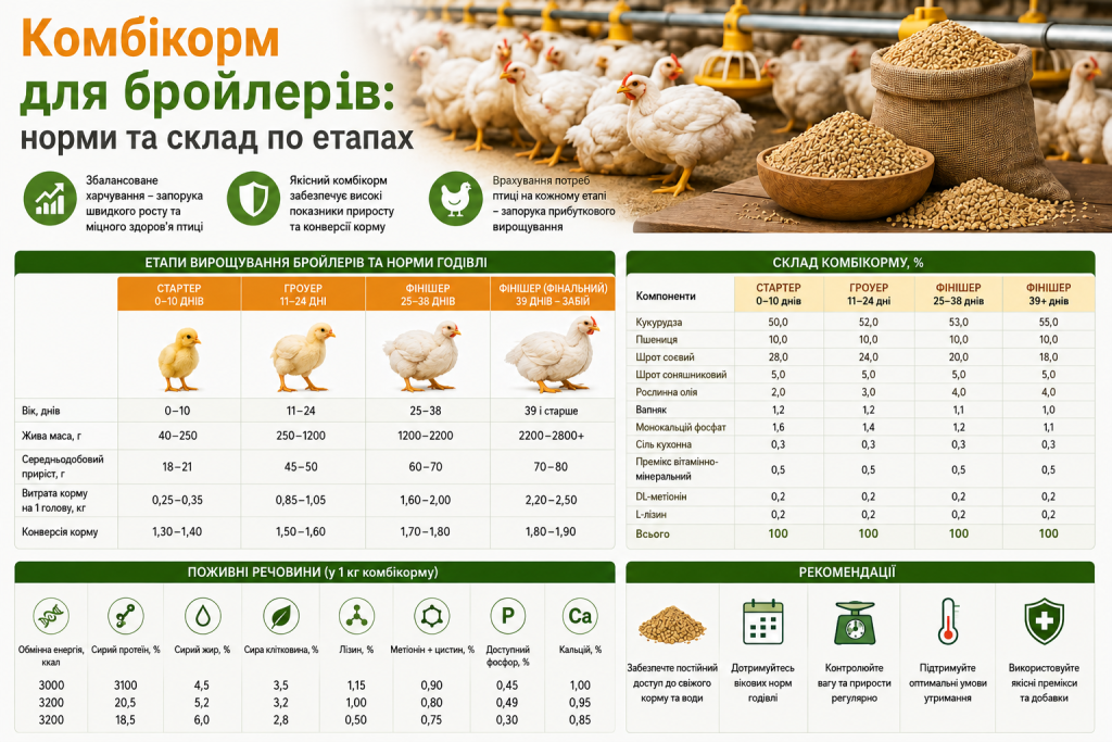Інфографіка про склад комбікорму для бройлерів, норми годівлі на різних етапах росту та основні поживні речовини