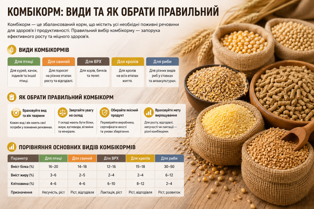 Інфографіка про основні види комбікормів для птиці, свиней, великої рогатої худоби, кролів і риби, правила вибору та порівняння поживного складу