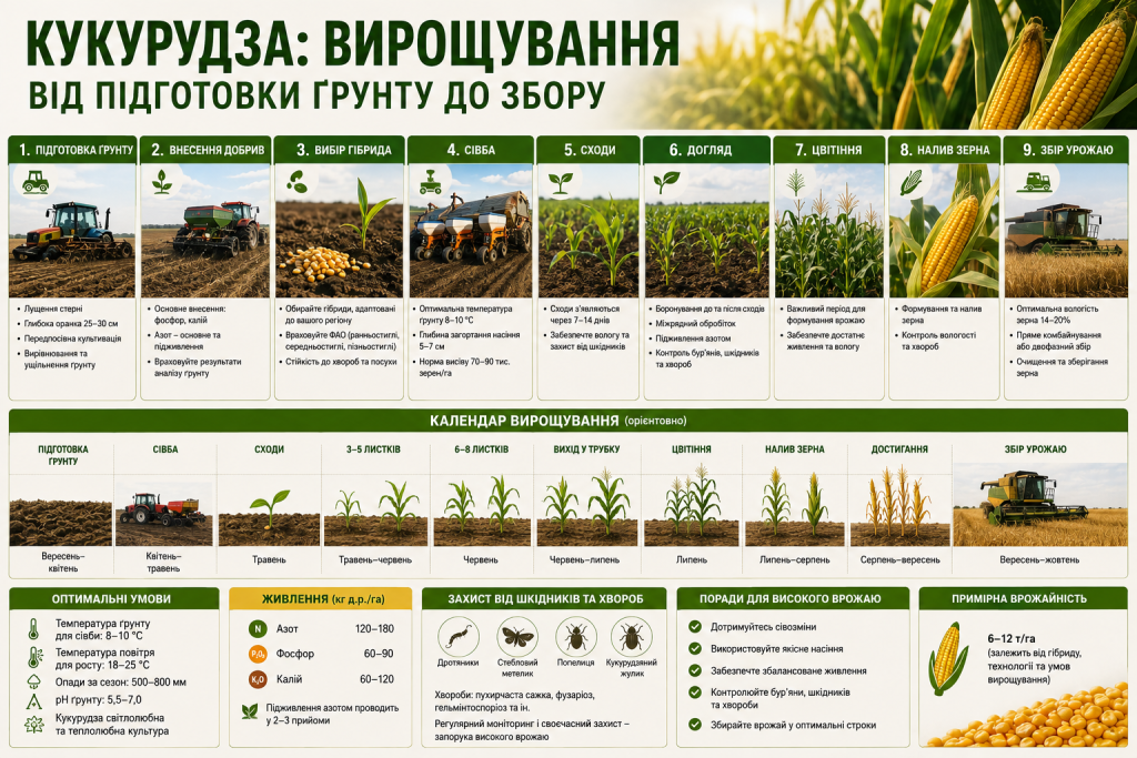 Інфографіка про технологію вирощування кукурудзи від підготовки ґрунту, сівби та догляду до дозрівання і збирання врожаю