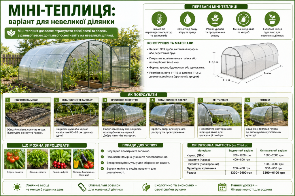 Інфографіка про конструкцію, переваги, монтаж і використання компактної міні-теплиці на невеликій присадибній ділянці