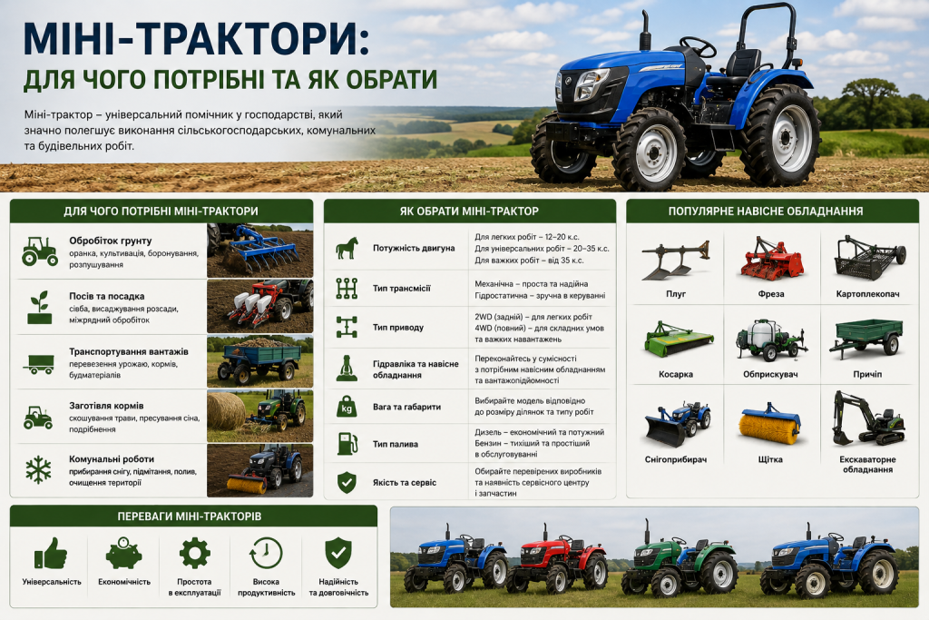 Інфографіка про призначення міні-тракторів, критерії вибору, навісне обладнання та основні переваги