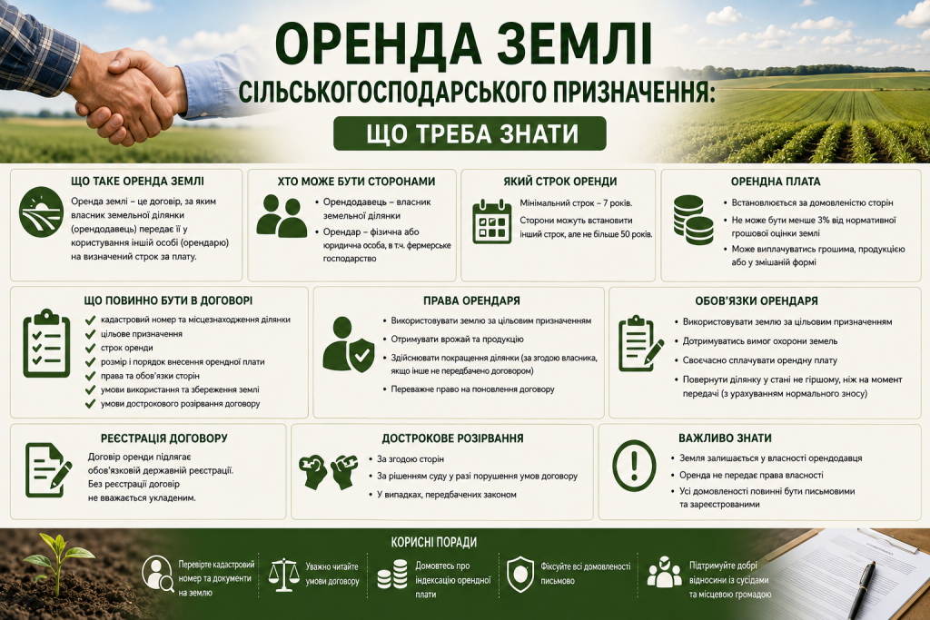 Інфографіка про оренду сільськогосподарської землі, умови договору, права та обов’язки орендаря, орендну плату і реєстрацію