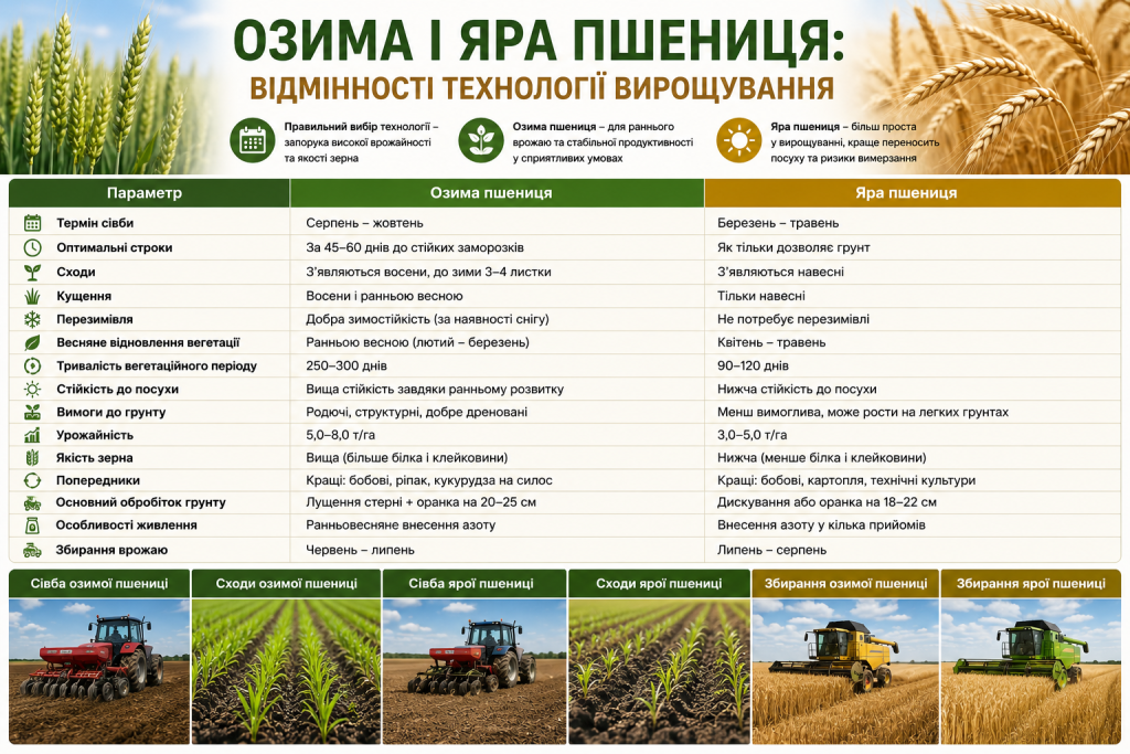 Інфографіка з порівнянням озимої та ярої пшениці за строками сівби, вегетацією, урожайністю, доглядом і збиранням