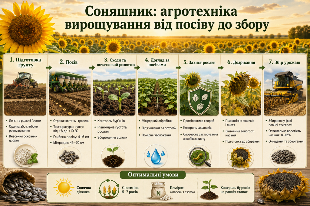 Інфографіка про основні етапи вирощування соняшнику від підготовки ґрунту та посіву до догляду, дозрівання і збирання врожаю
