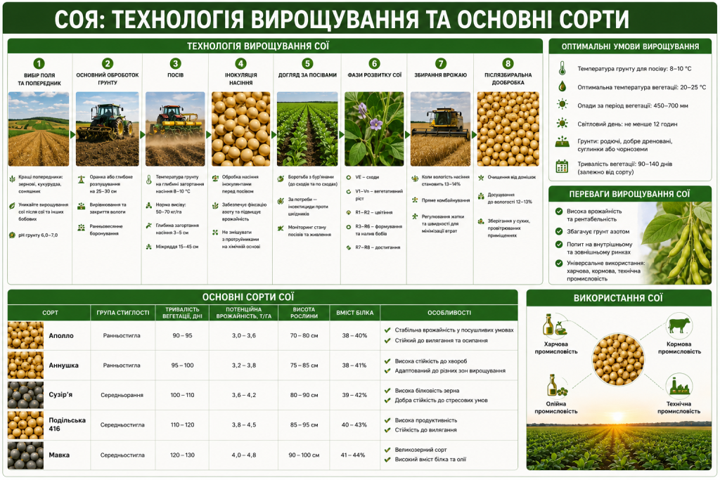 Інфографіка про технологію вирощування сої, етапи розвитку, оптимальні умови, сорти та способи використання врожаю