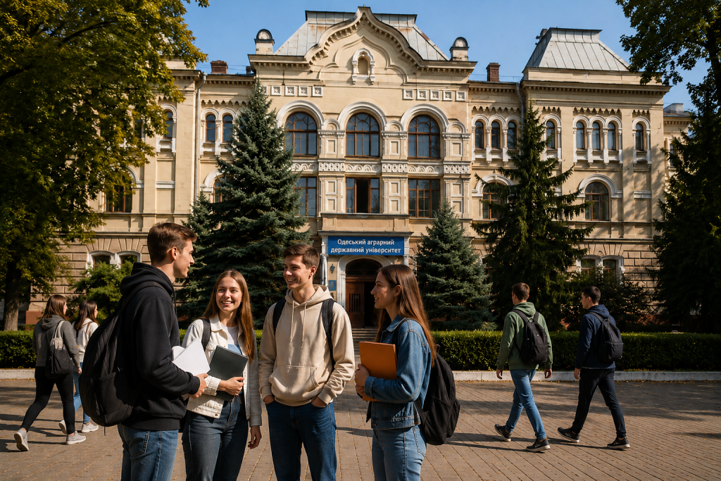 Група студентів спілкується біля будівлі аграрного університету в Україні