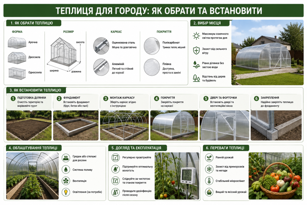 Інфографіка про вибір і встановлення теплиці для городу, типи конструкцій, матеріали, підготовку місця, монтаж та догляд