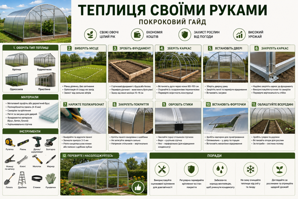 Покрокова інфографіка зі спорудження теплиці своїми руками від вибору типу та фундаменту до монтажу полікарбонату