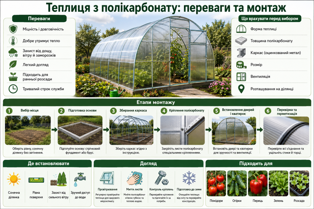 Інфографіка про переваги теплиці з полікарбонату, вибір конструкції, етапи монтажу, догляд і вирощування овочів
