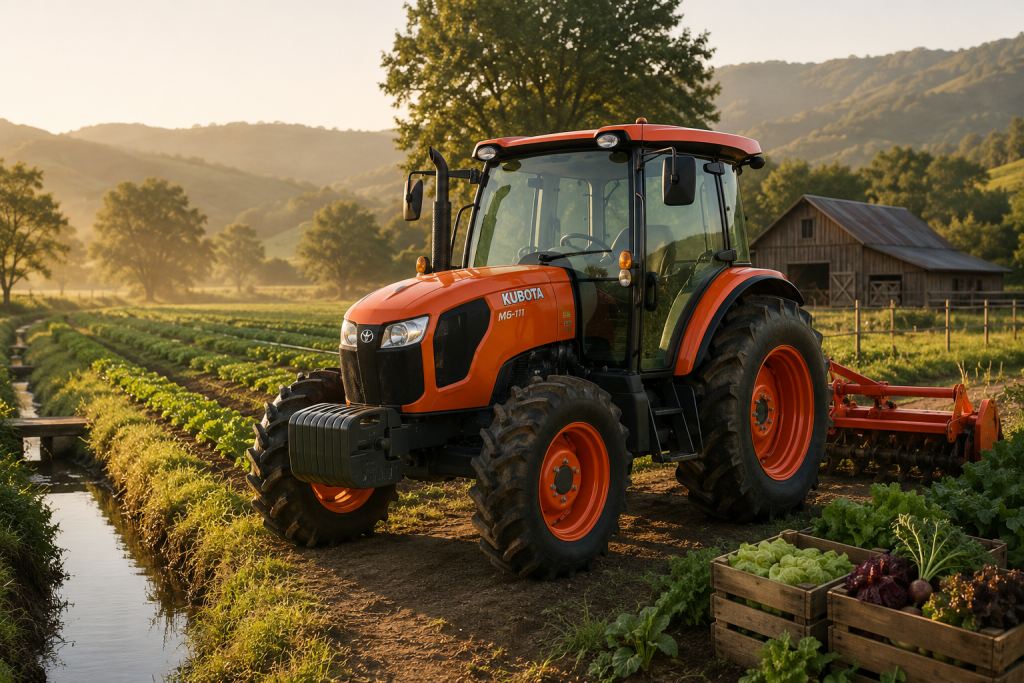 Японські трактори Kubota: конструкція, моделі та сфери роботи Помаранчевий трактор Kubota з навісним обладнанням працює на овочевій фермі біля дерев’яного господарського будинку