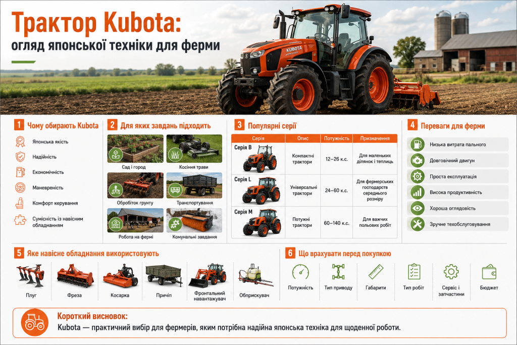 Інфографіка про трактори Kubota, популярні серії, сфери застосування, переваги, навісне обладнання та критерії вибору