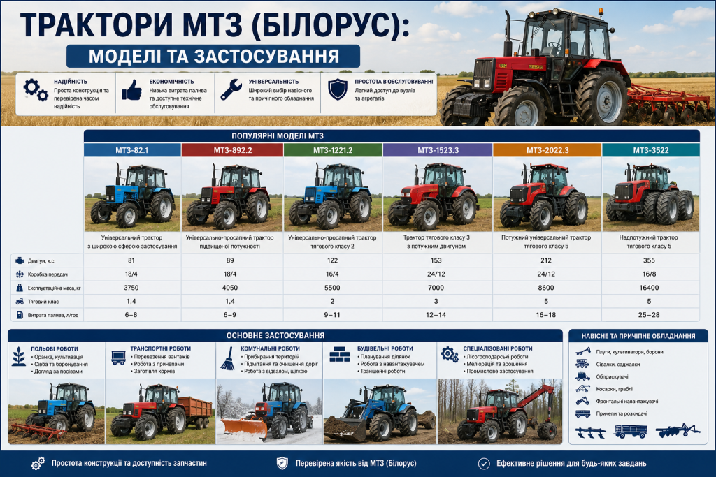 Інфографіка з популярними моделями тракторів МТЗ Білорус, їх характеристиками, сферами застосування та навісним обладнанням