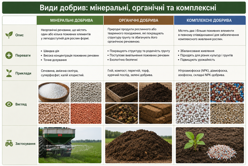 Порівняльна інфографіка про мінеральні, органічні та комплексні добрива, їх переваги, приклади, зовнішній вигляд і способи застосування