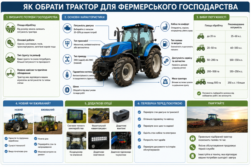 Інфографіка про вибір трактора для фермерського господарства за потужністю, приводом, трансмісією, обладнанням, площею земель і умовами роботи