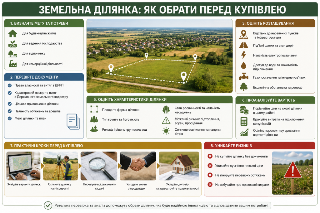 Інфографіка про вибір земельної ділянки перед купівлею, перевірку документів, розташування, характеристик і можливих ризиків