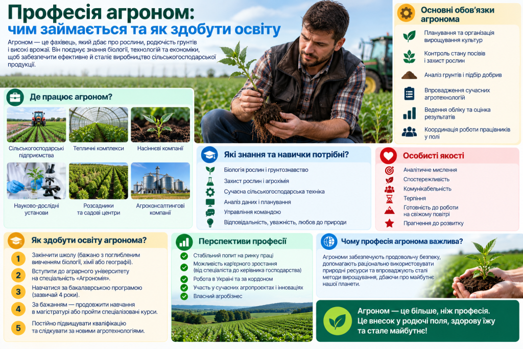 Інфографіка про професію агронома, основні обов’язки, необхідні знання, місця роботи, освіту та перспективи кар’єри.