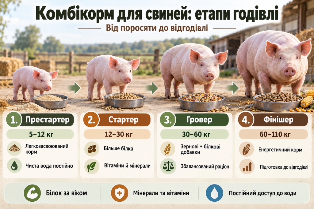 Інфографіка про чотири етапи годівлі свиней комбікормом: престартер, стартер, гровер і фінішер із зазначенням вагових категорій та особливостей раціону.