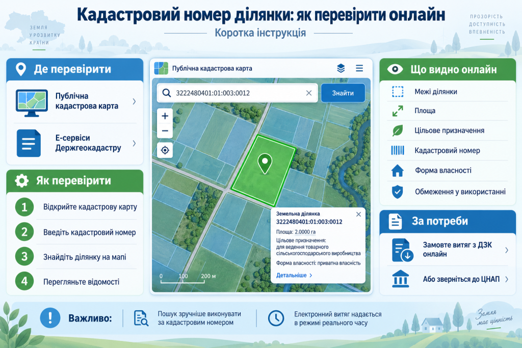 Інфографіка з інструкцією перевірки кадастрового номера земельної ділянки онлайн через публічну кадастрову карту та електронні сервіси.