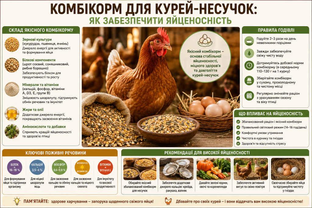 Інфографіка про комбікорм для курей-несучок, поживні речовини, склад корму, правила годівлі та підвищення яйценосності