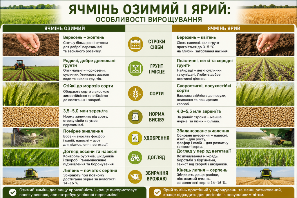 Інфографіка з порівнянням озимого та ярого ячменю за строками сівби, ґрунтом, нормою висіву, удобренням і збиранням урожаю