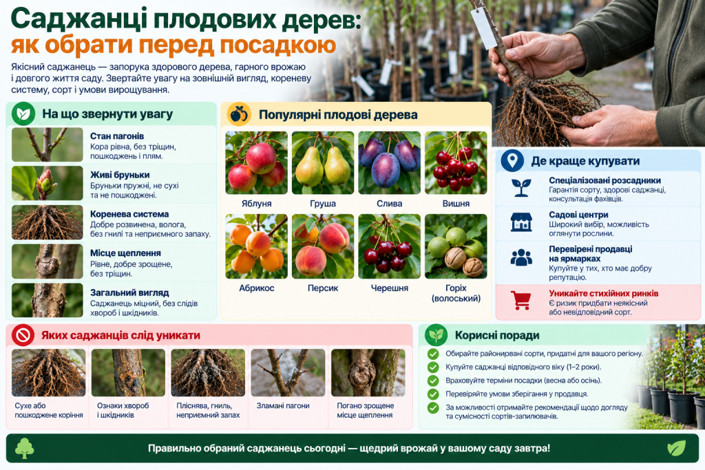 Інфографіка про вибір саджанців плодових дерев, перевірку кореневої системи, пагонів, бруньок, місця щеплення та загального стану рослини.