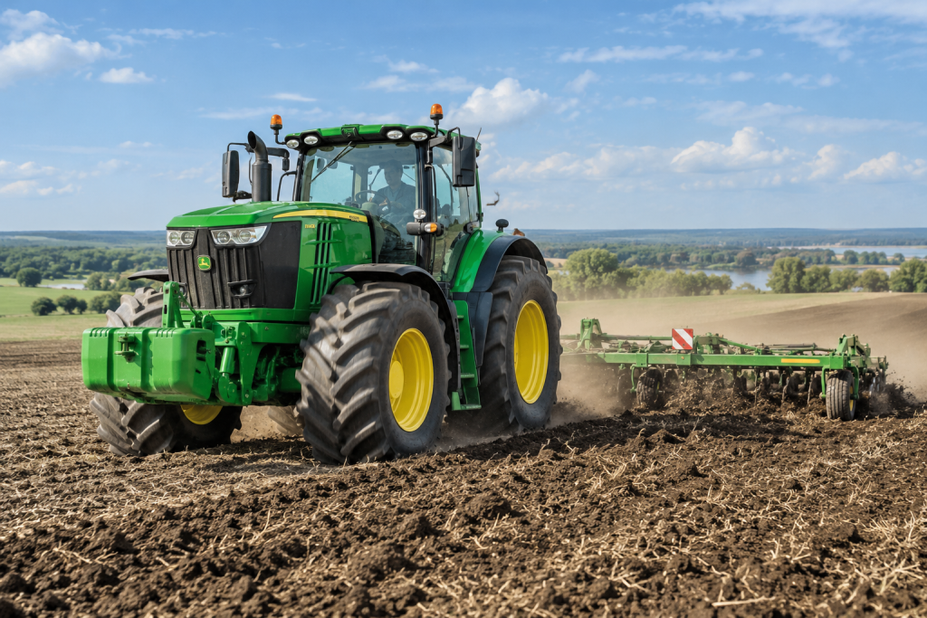 Трактори John Deere: огляд моделей і переваг Потужний зелений трактор John Deere обробляє ґрунт у полі за допомогою широкого сільськогосподарського агрегату