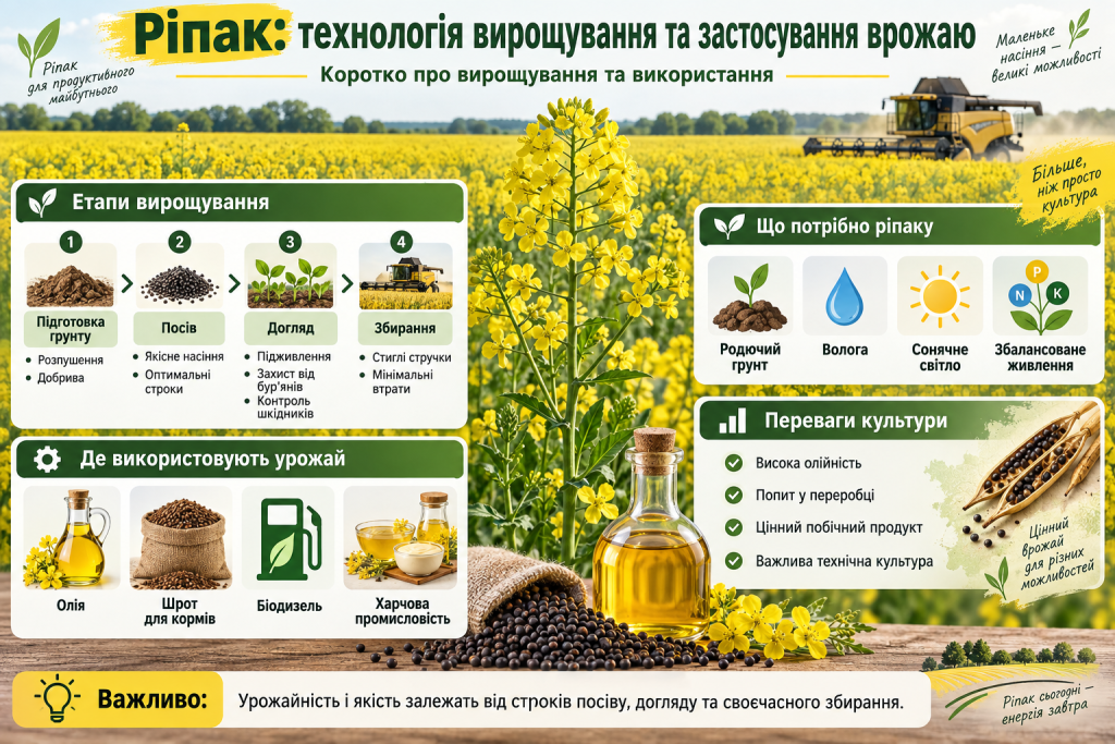 Інфографіка про технологію вирощування ріпаку, етапи посіву та догляду, умови розвитку культури й основні способи використання врожаю.